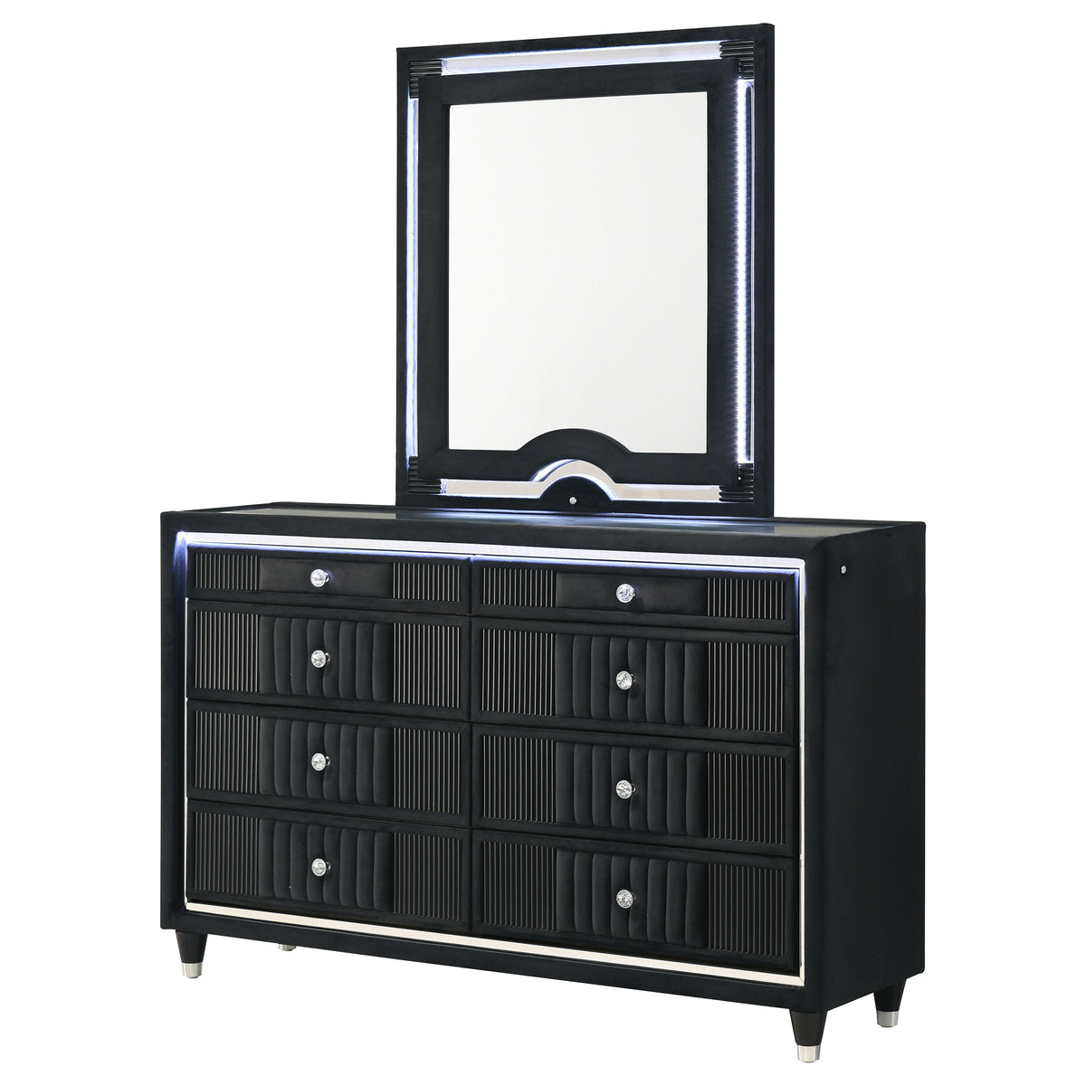 Ravenne 8-drawer Velvet Upholstered LED Dresser Black - With Mirror