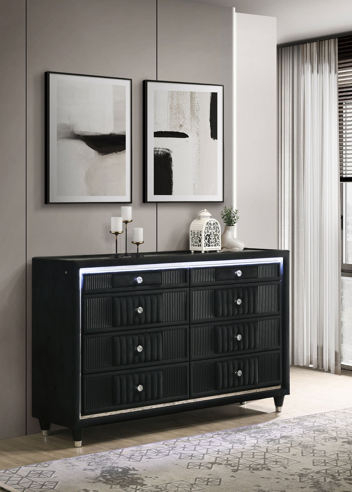 Ravenne 8-drawer Velvet Upholstered LED Dresser Black - Without Mirror