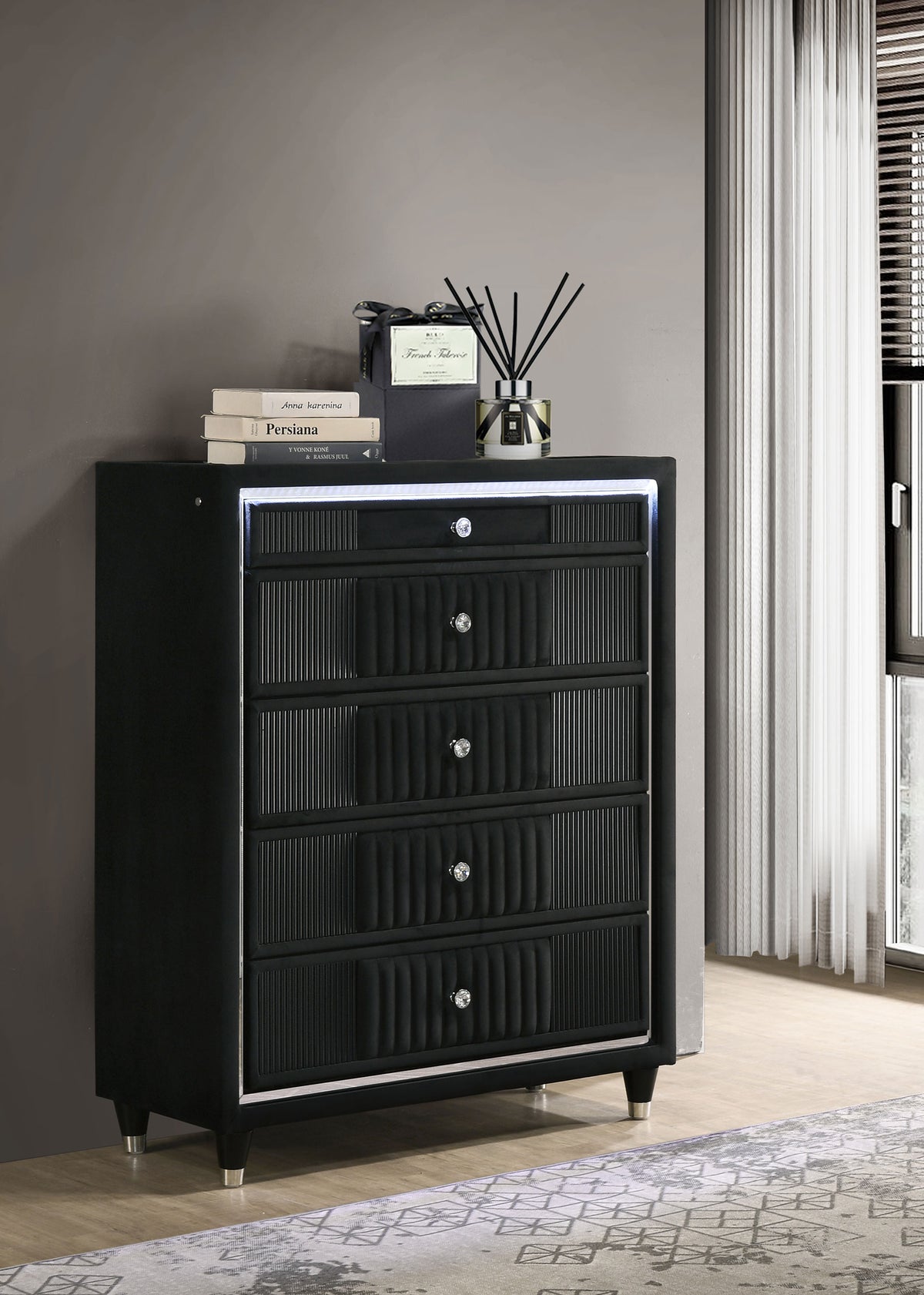 Ravenne 5-drawer Velvet Upholstered LED Chest of Drawers Black