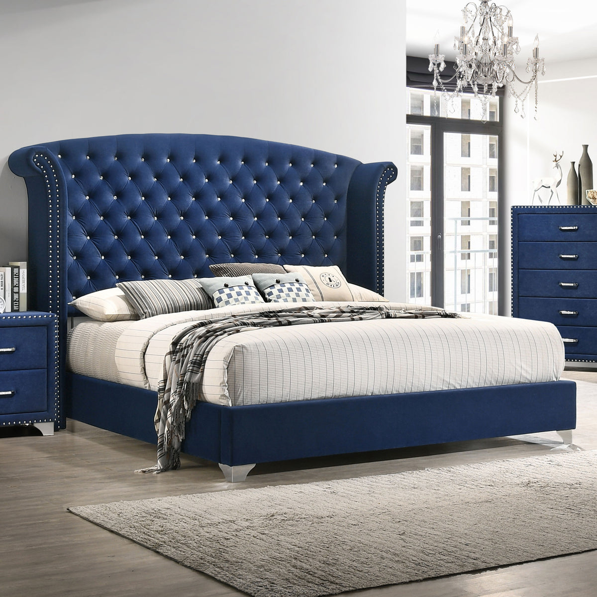 Melody Upholstered Wingback Bed - Eastern King, Pacific Blue