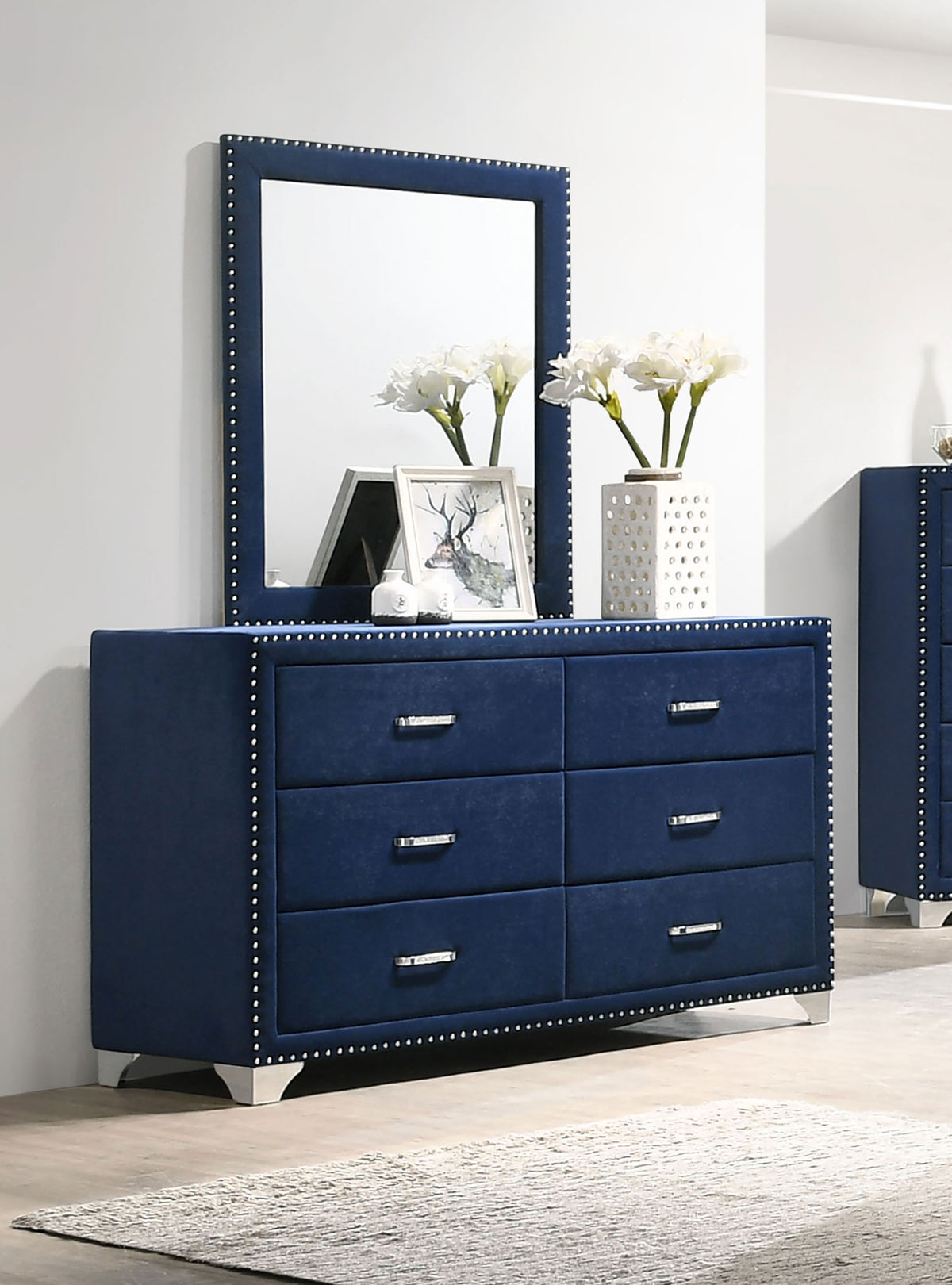 Melody 6-drawer Upholstered Dresser - Pacific Blue, With Mirror