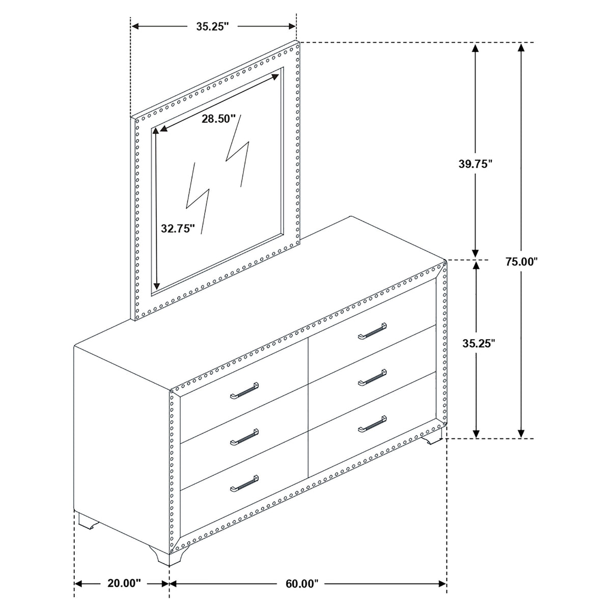 Melody 6-drawer Upholstered Dresser - Pacific Blue, With Mirror