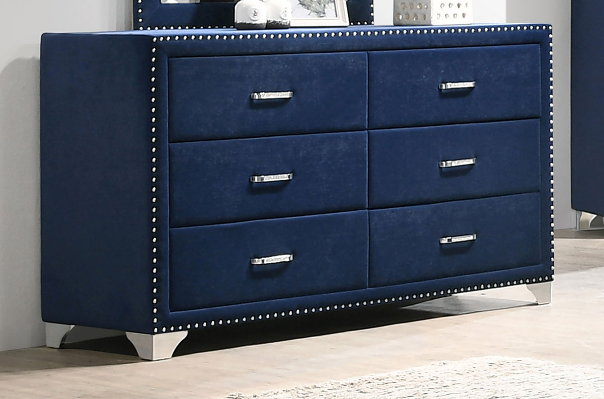 Melody 6-drawer Upholstered Dresser - Pacific Blue, Without Mirror