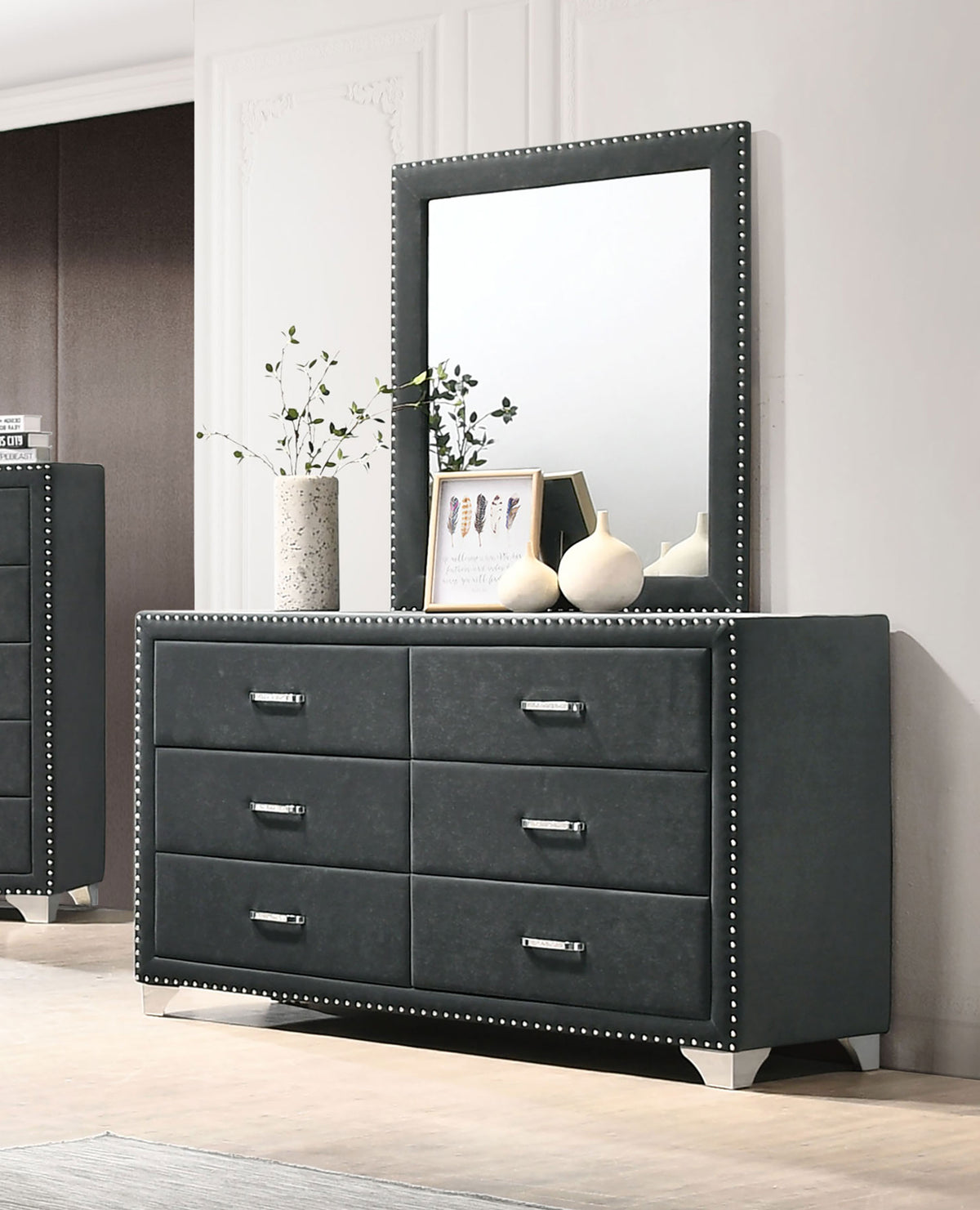Melody 6-drawer Upholstered Dresser - Grey, With Mirror