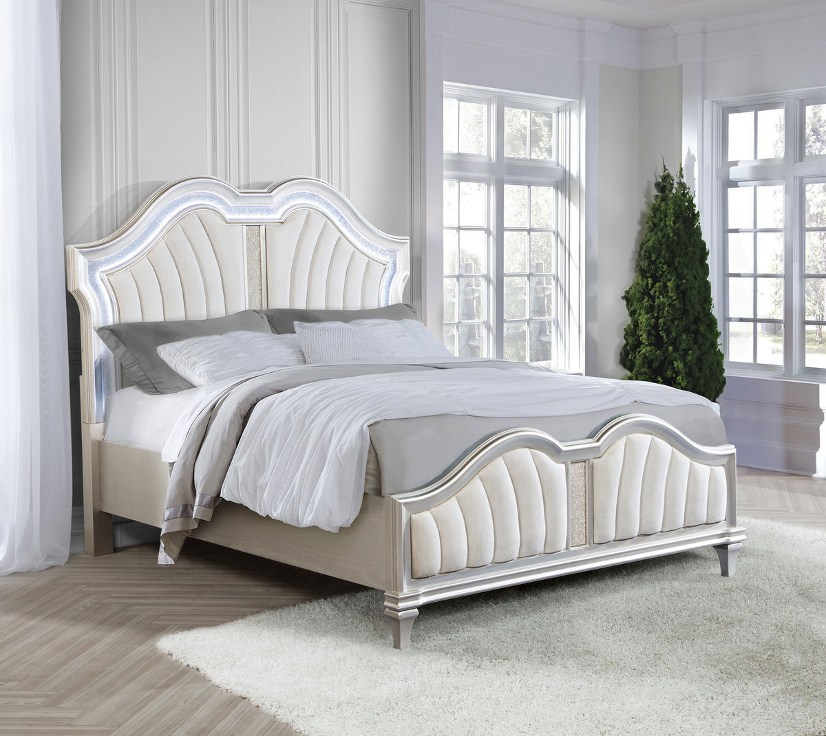 Evangeline Wood LED Panel Bed Silver Oak - Queen