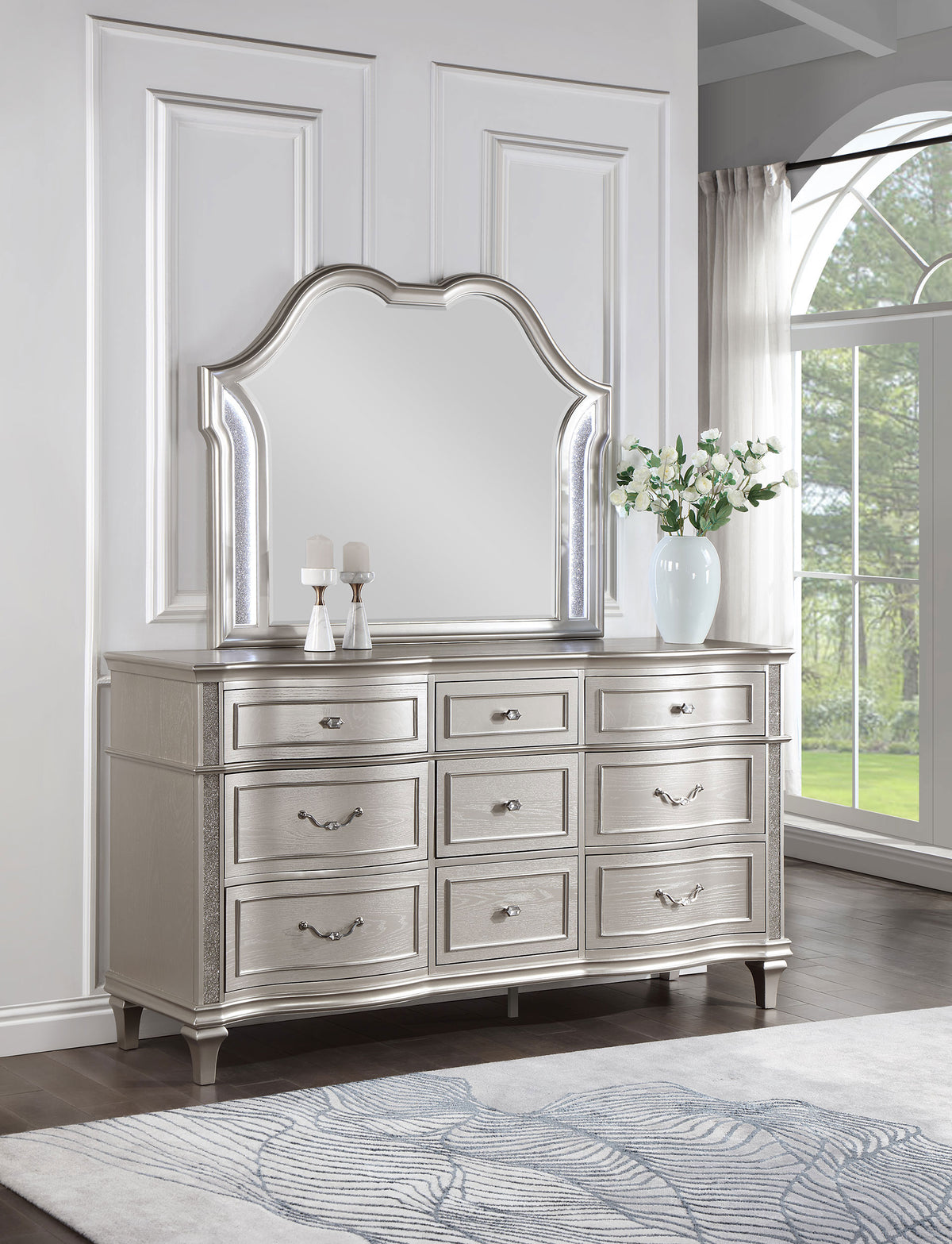 Evangeline 9-drawer Dresser Silver Oak - With Mirror