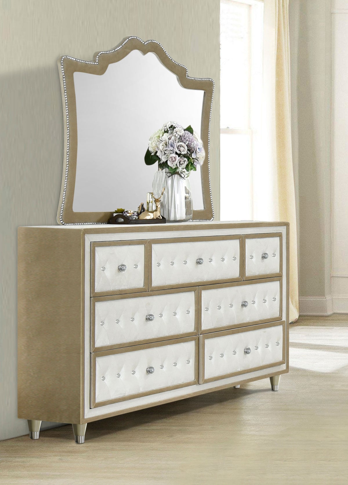 Antonella 7-drawer Upholstered Dresser Ivory - With Mirror