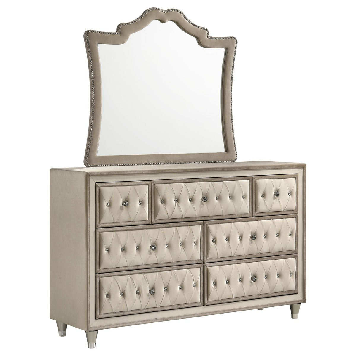 Antonella 7-drawer Upholstered Dresser Ivory - With Mirror