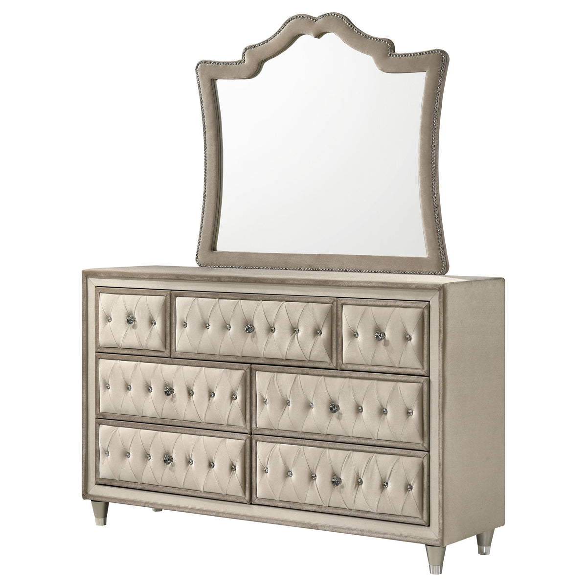 Antonella 7-drawer Upholstered Dresser Ivory - With Mirror