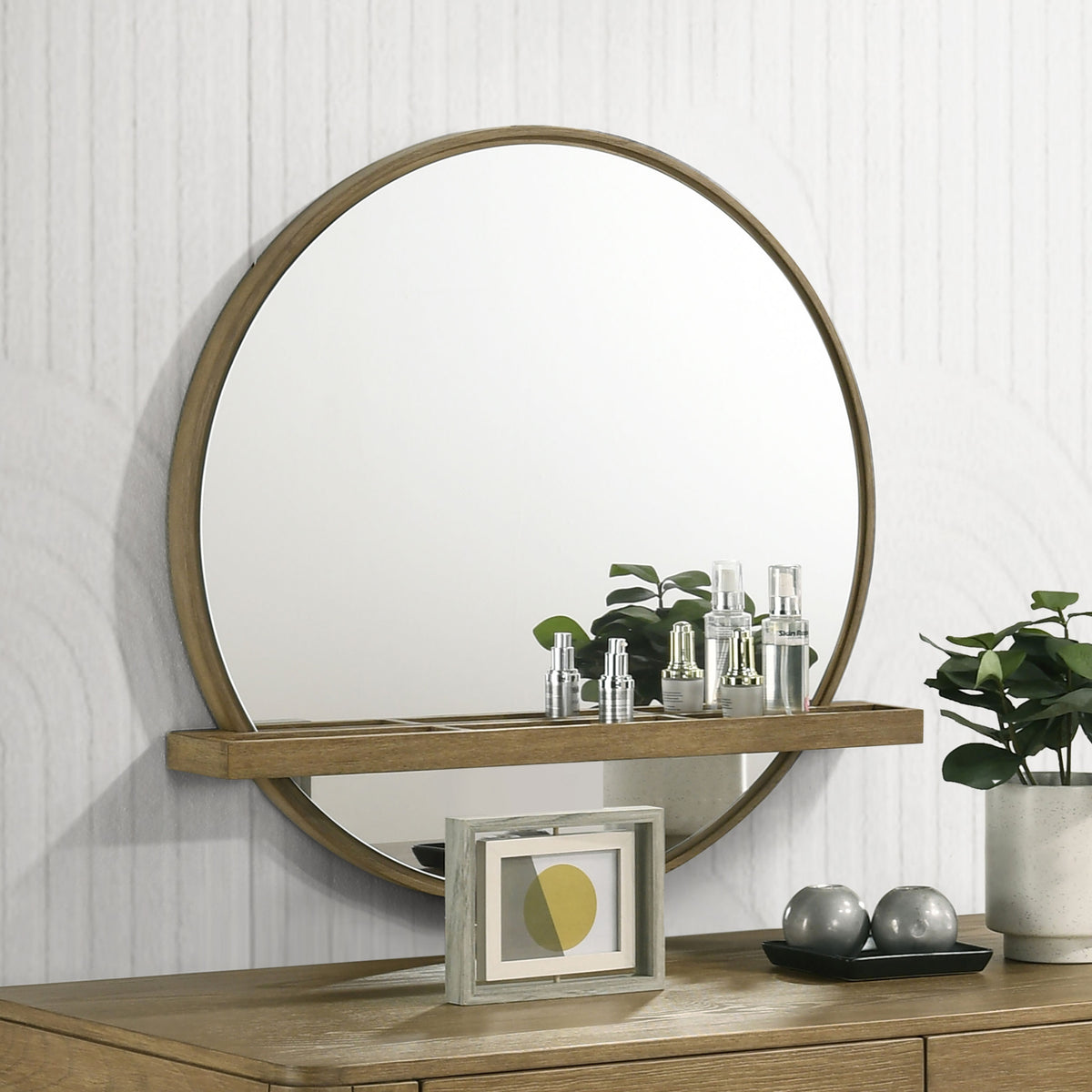 Arini Round Vanity Wall Mirror with Shelf - Sand Wash