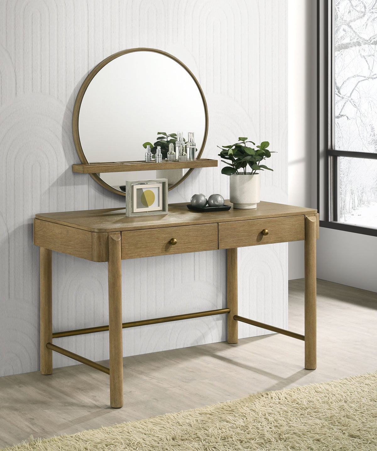 Arini Round Vanity Wall Mirror with Shelf - Sand Wash