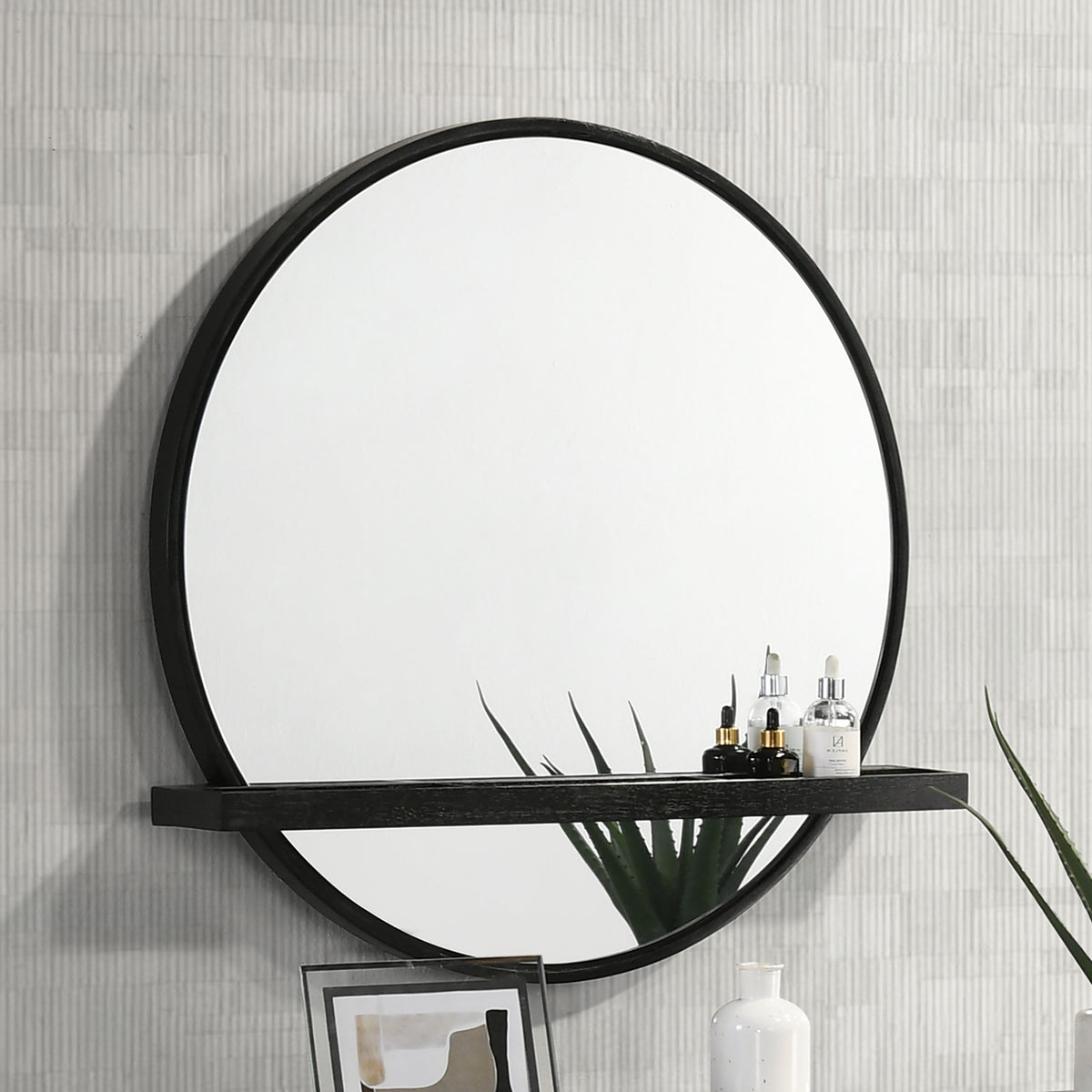 Arini Round Vanity Wall Mirror with Shelf - Black