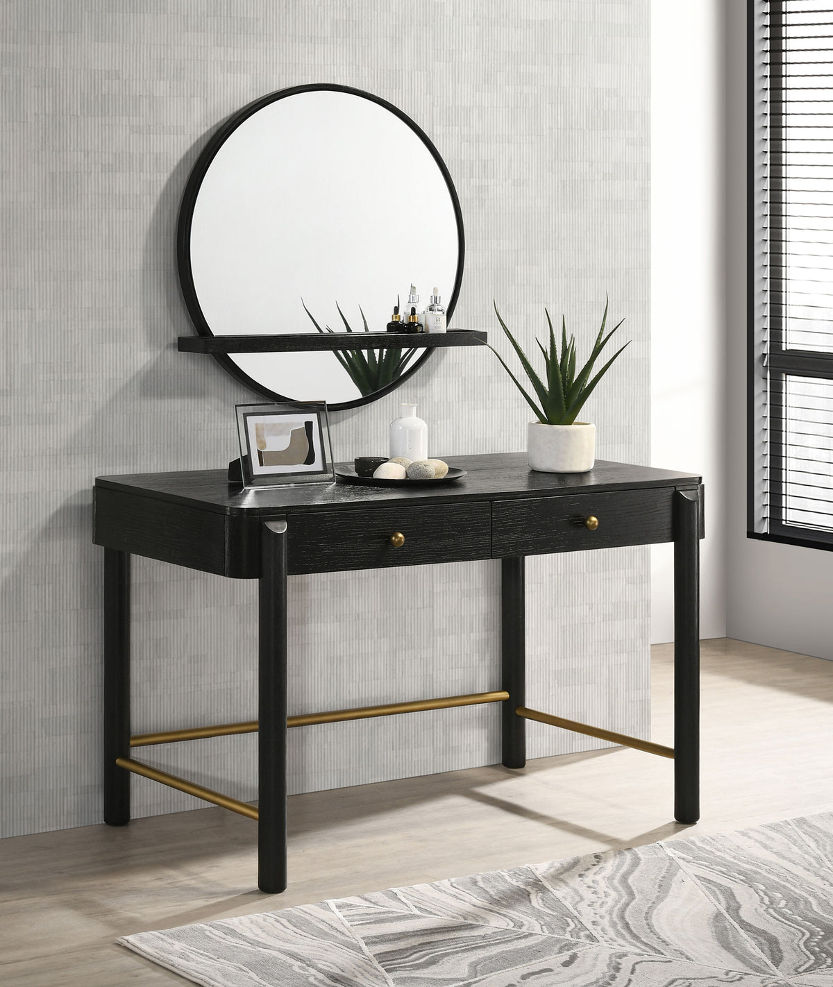Arini Round Vanity Wall Mirror with Shelf - Black