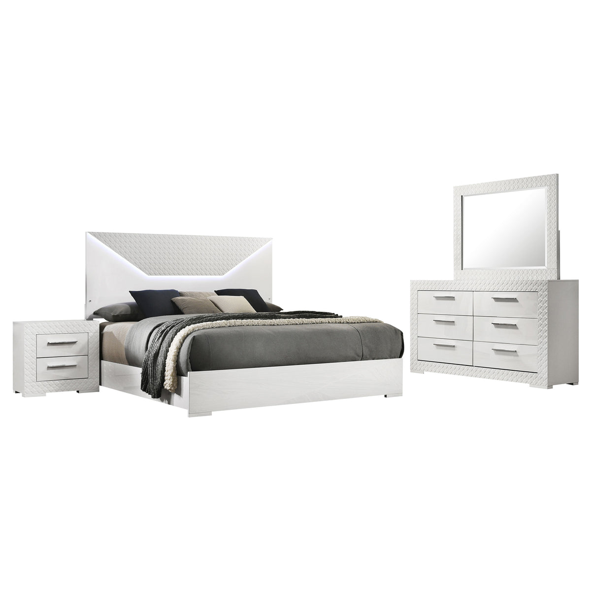 Ives 4-piece Bedroom Set High Gloss - Eastern King, White High Gloss