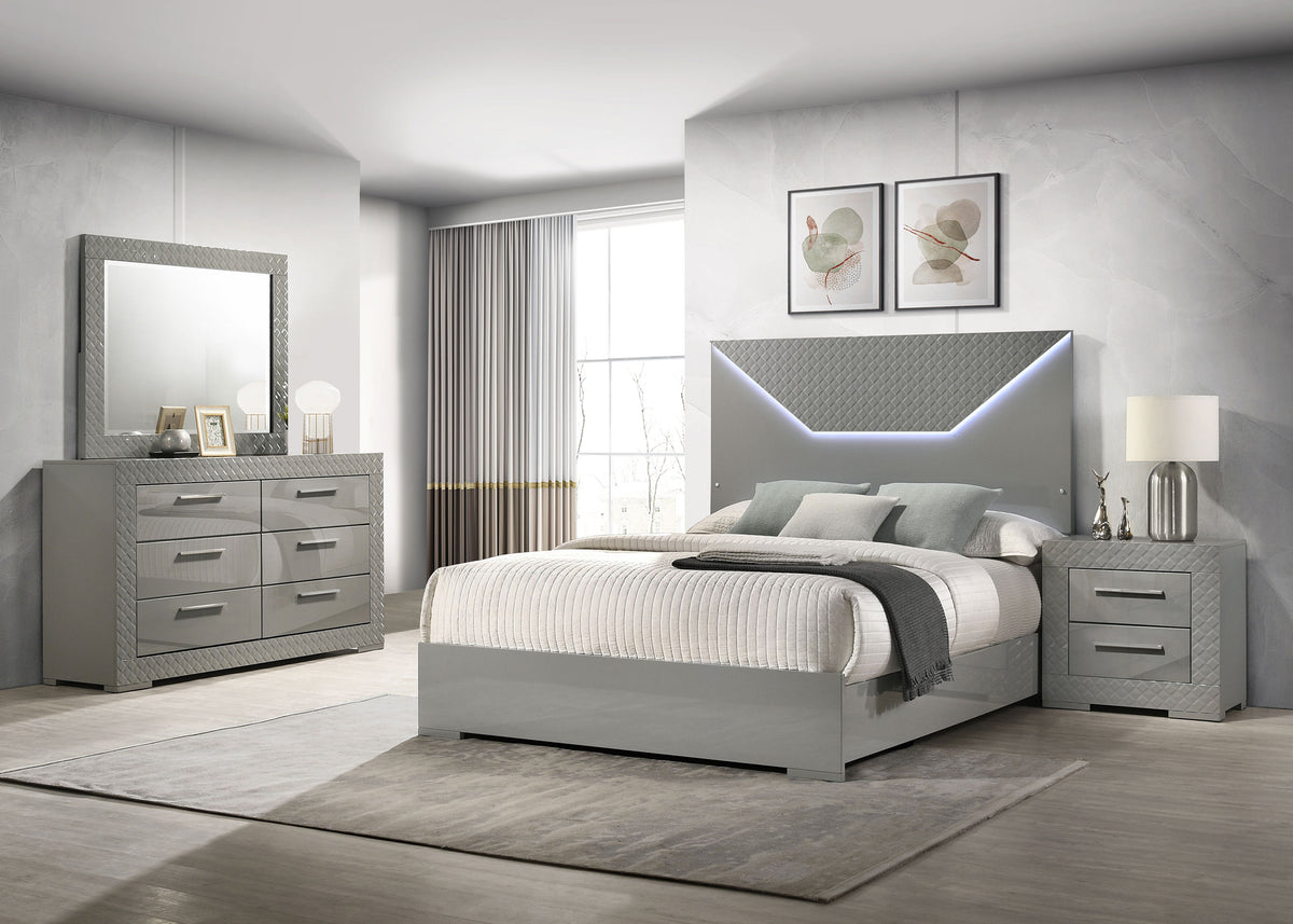 Ives 4-piece Bedroom Set High Gloss - Queen, Grey High Gloss