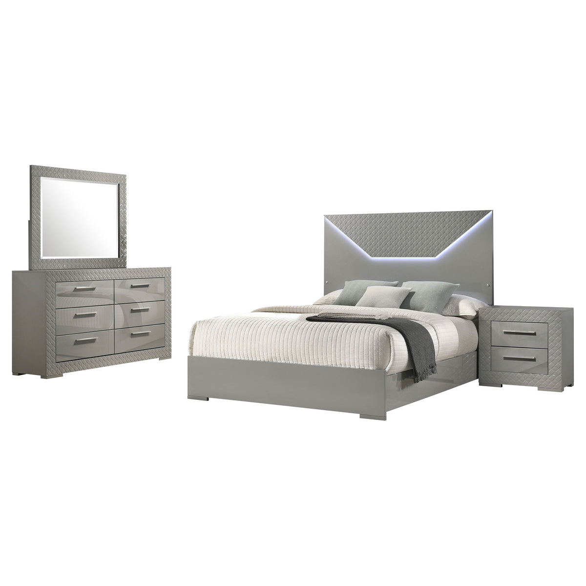 Ives 4-piece Bedroom Set High Gloss - Queen, Grey High Gloss