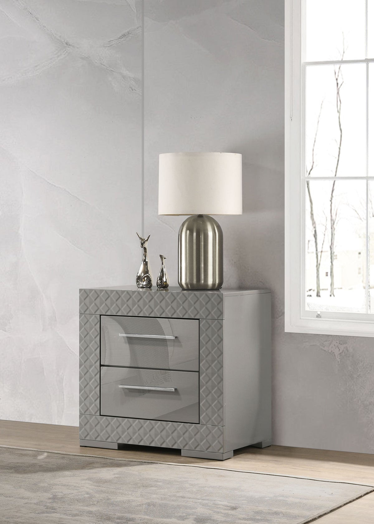 Ives 2-drawer Nightstand Bedside Table High Gloss - Grey High Gloss