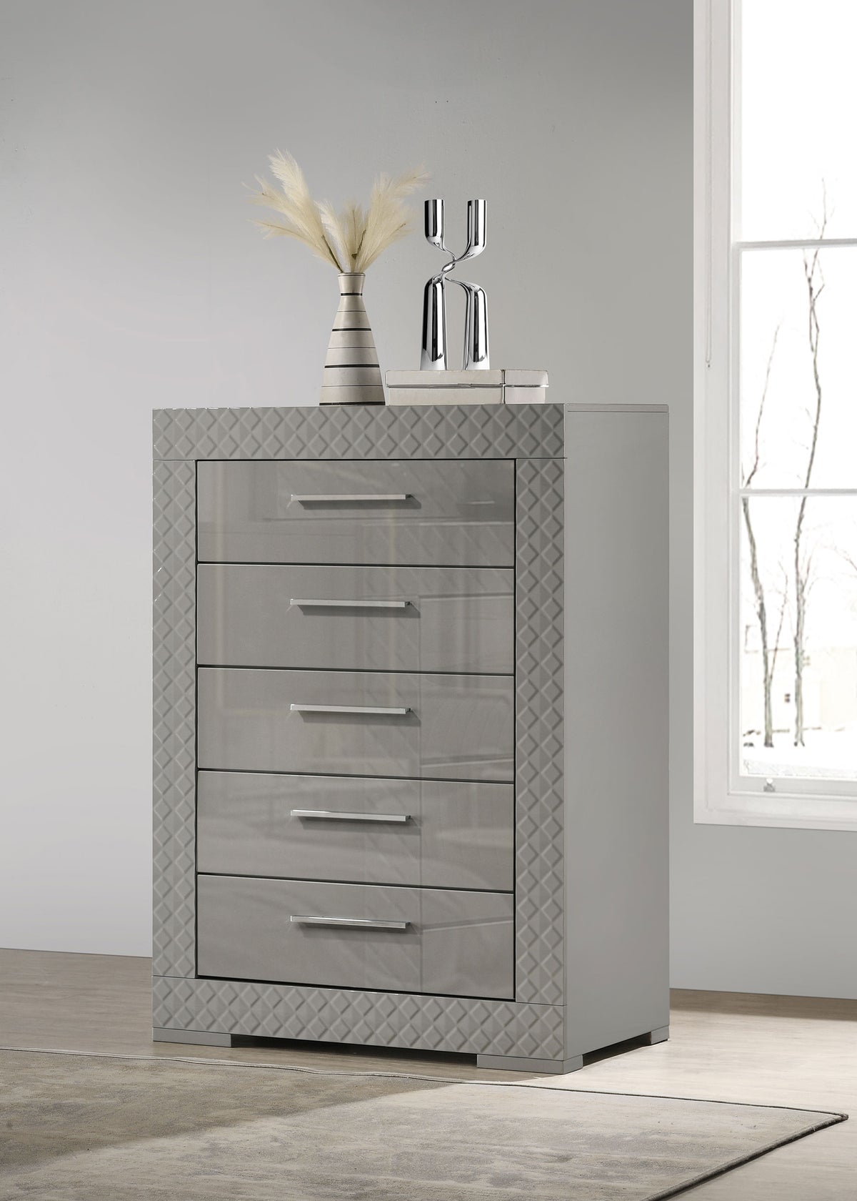 Ives 5-drawer Bedroom Chest of Drawers High Gloss - Grey High Gloss