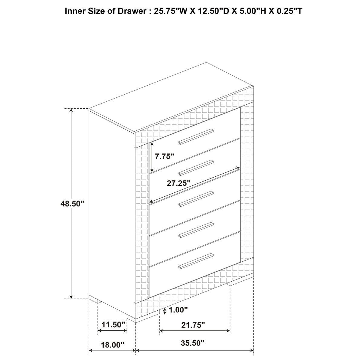 Ives 5-drawer Bedroom Chest of Drawers High Gloss - Grey High Gloss