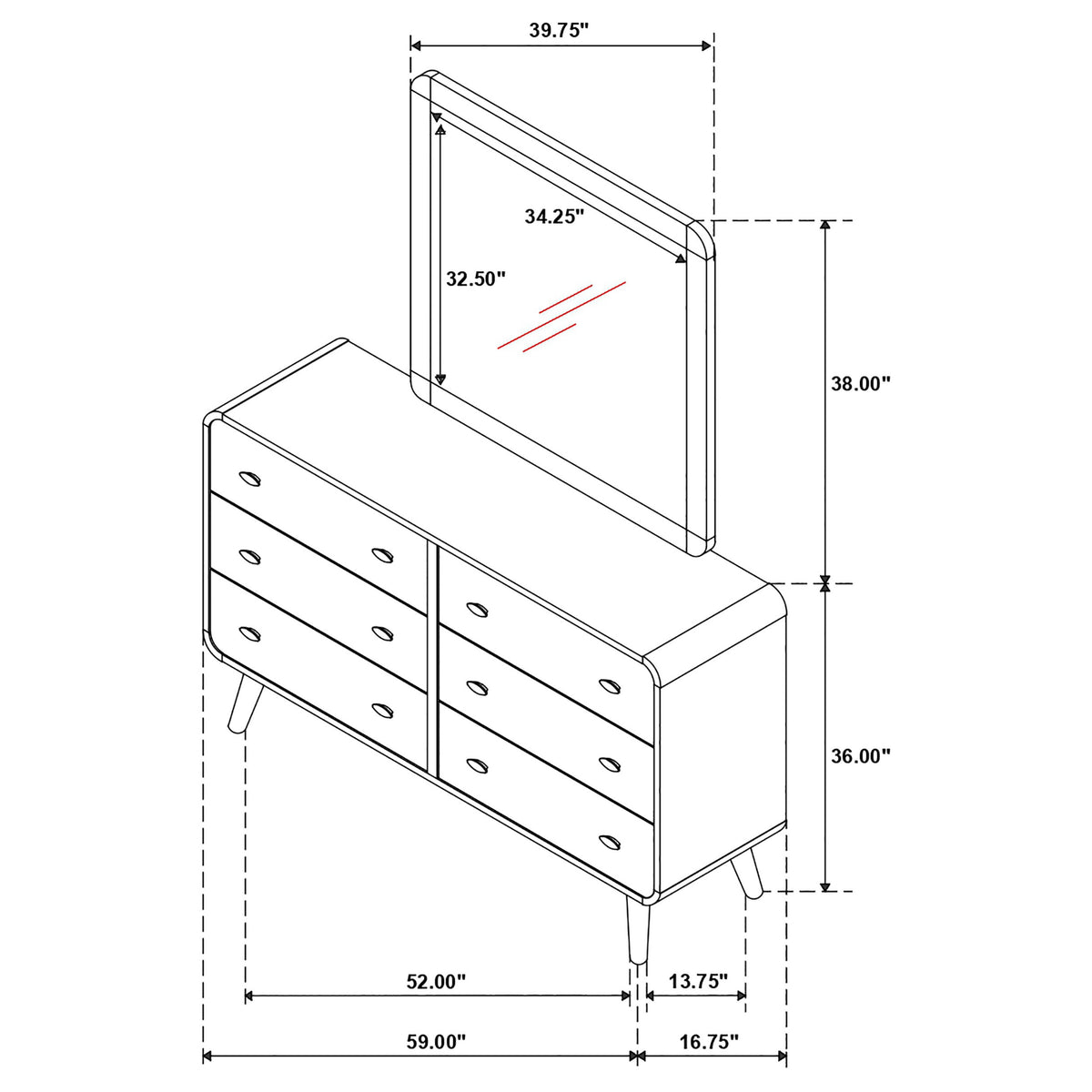 Robyn 6-drawer Dresser - Light Ash, With Mirror