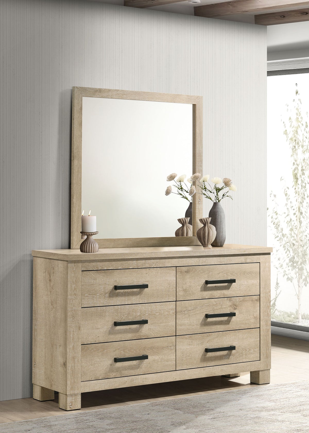 Oakglen 6-drawer Bedroom Dresser Weathered Oak - With Mirror