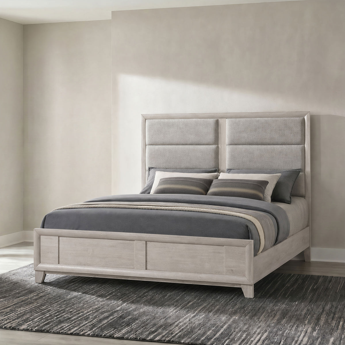 Farre Upholstered Panel Bed - Eastern King, Washed Grey and Light Grey