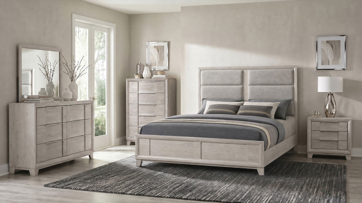 Farre Upholstered Panel Bed - Eastern King, Washed Grey and Light Grey