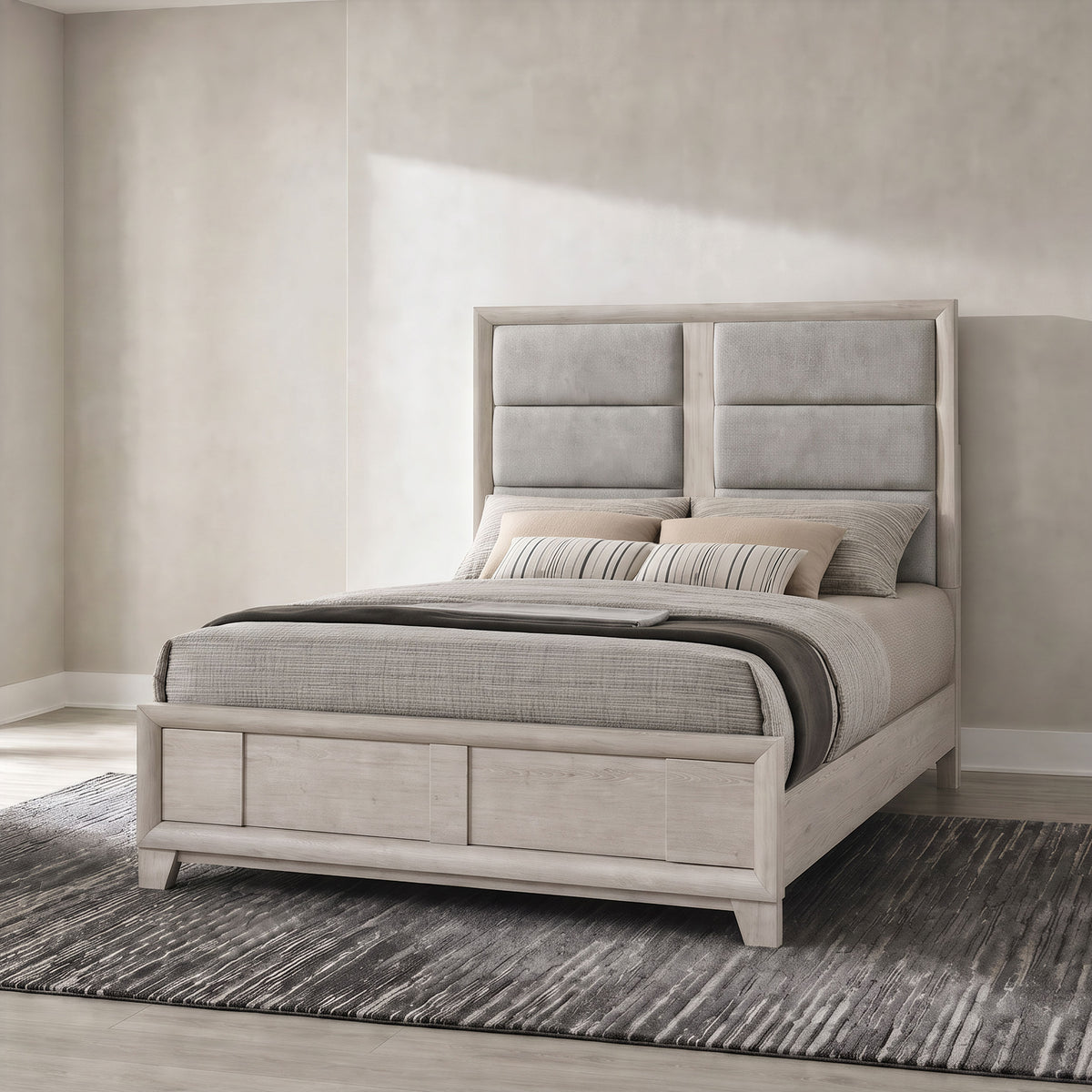 Farre Upholstered Panel Bed - Queen, Washed Grey and Light Grey