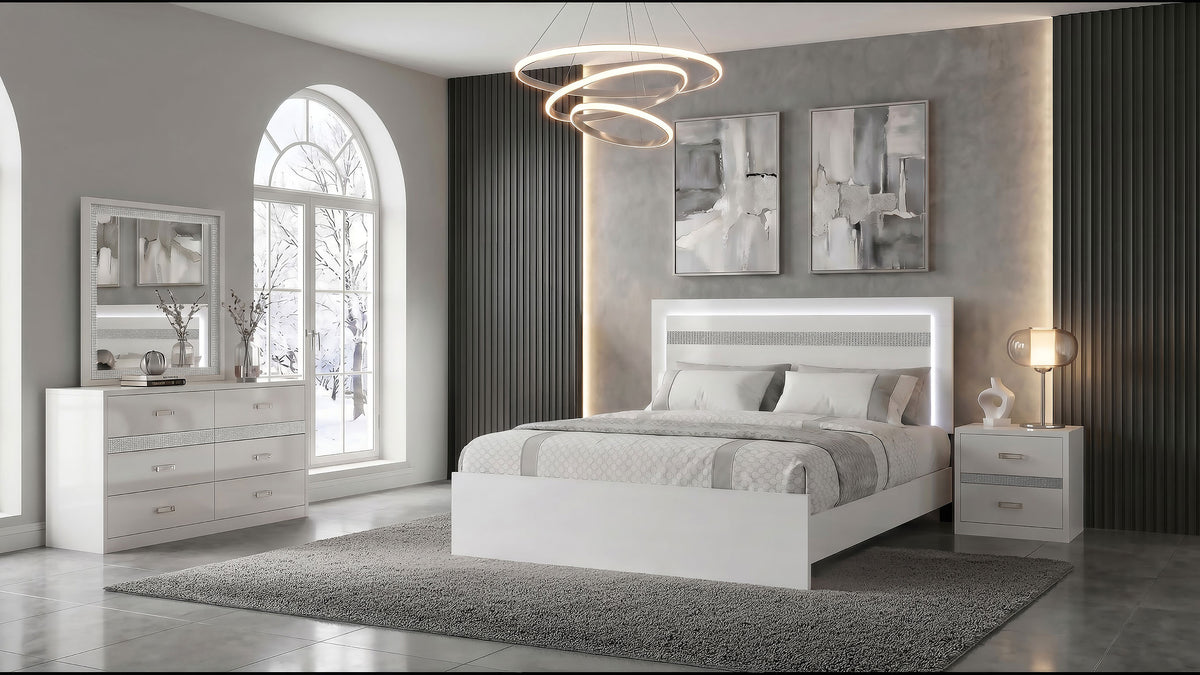 Viana 4-Piece Touch-Control LED Bedroom Set White High Gloss - Queen