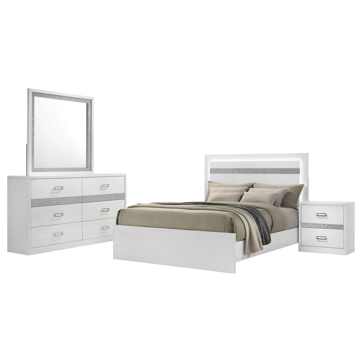 Viana 4-Piece Touch-Control LED Bedroom Set White High Gloss - Queen
