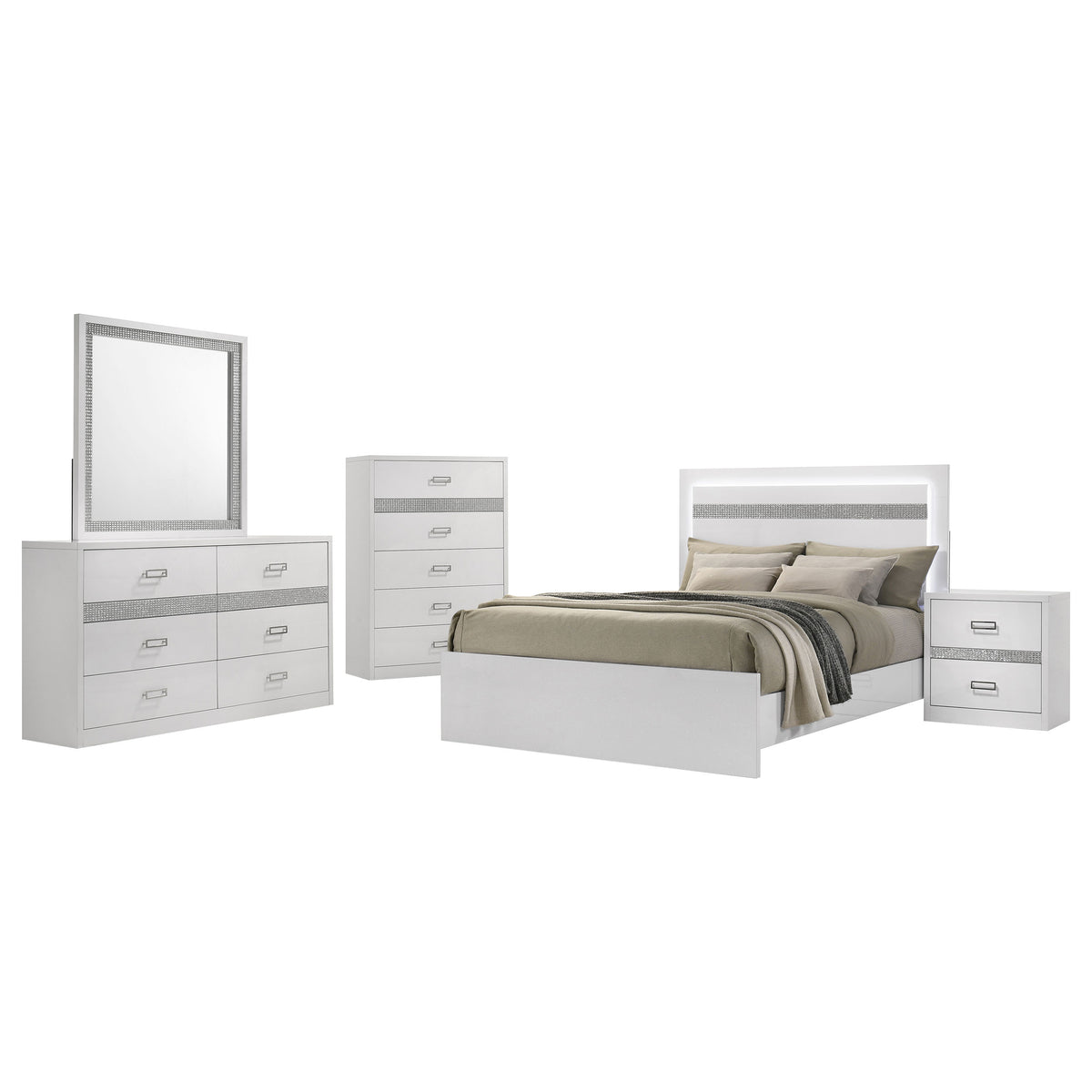 Viana 5-Piece Touch-Control LED Bedroom Set White High Gloss - Queen