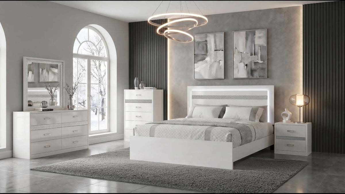 Viana Touch-Control LED Platform Bed White High Gloss - Queen
