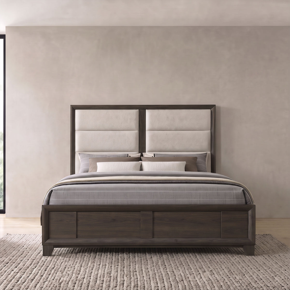 Farre Upholstered Panel Bed - Eastern King, Dark Brown and Beige