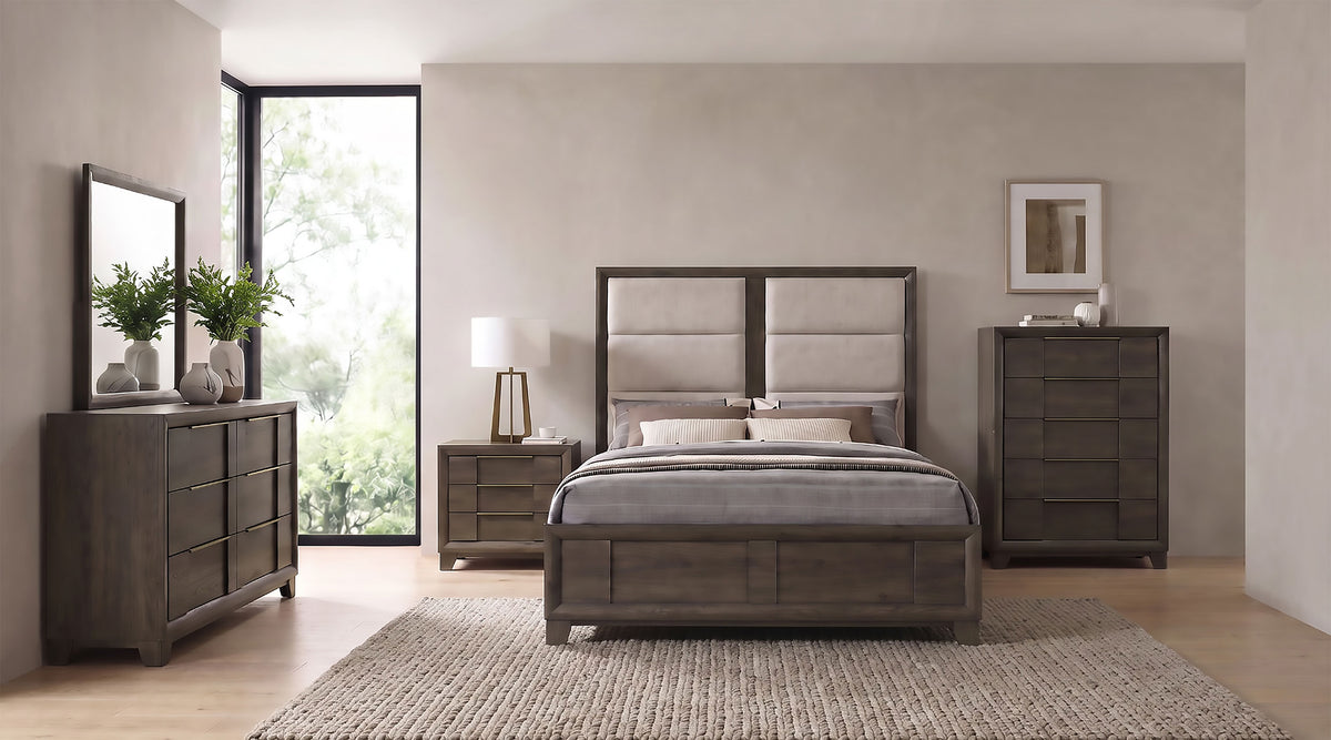 Farre Upholstered Panel Bed - Eastern King, Dark Brown and Beige