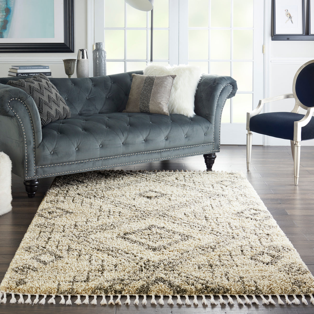 Oslo Shag OSL02 Ivory Grey Rug - room scene