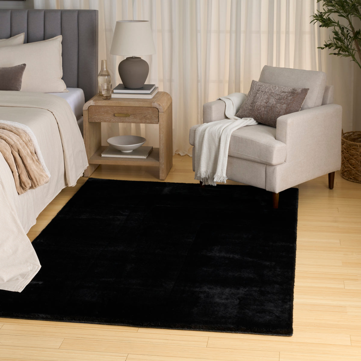Soft Plush Rabbit Fur SFF01 Black Rug - room scene