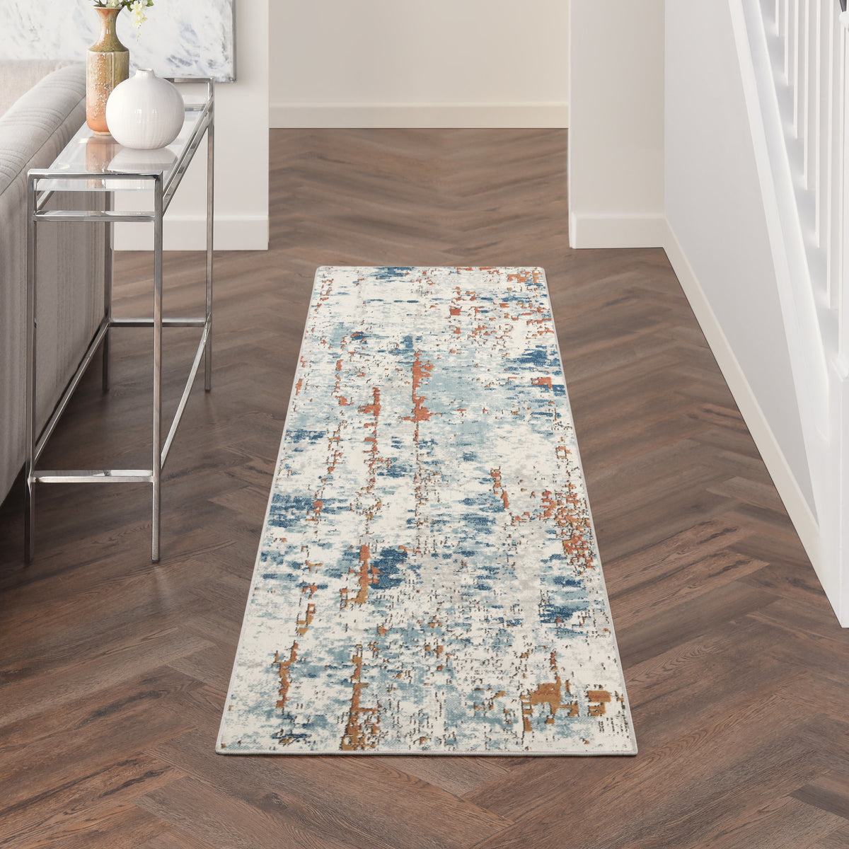 Quarry QUA01 Beige Blue Rust Rug - room scene