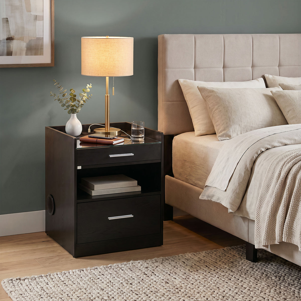 Furda 2-drawer LED Nightstand Bedside Table with Speaker - Black