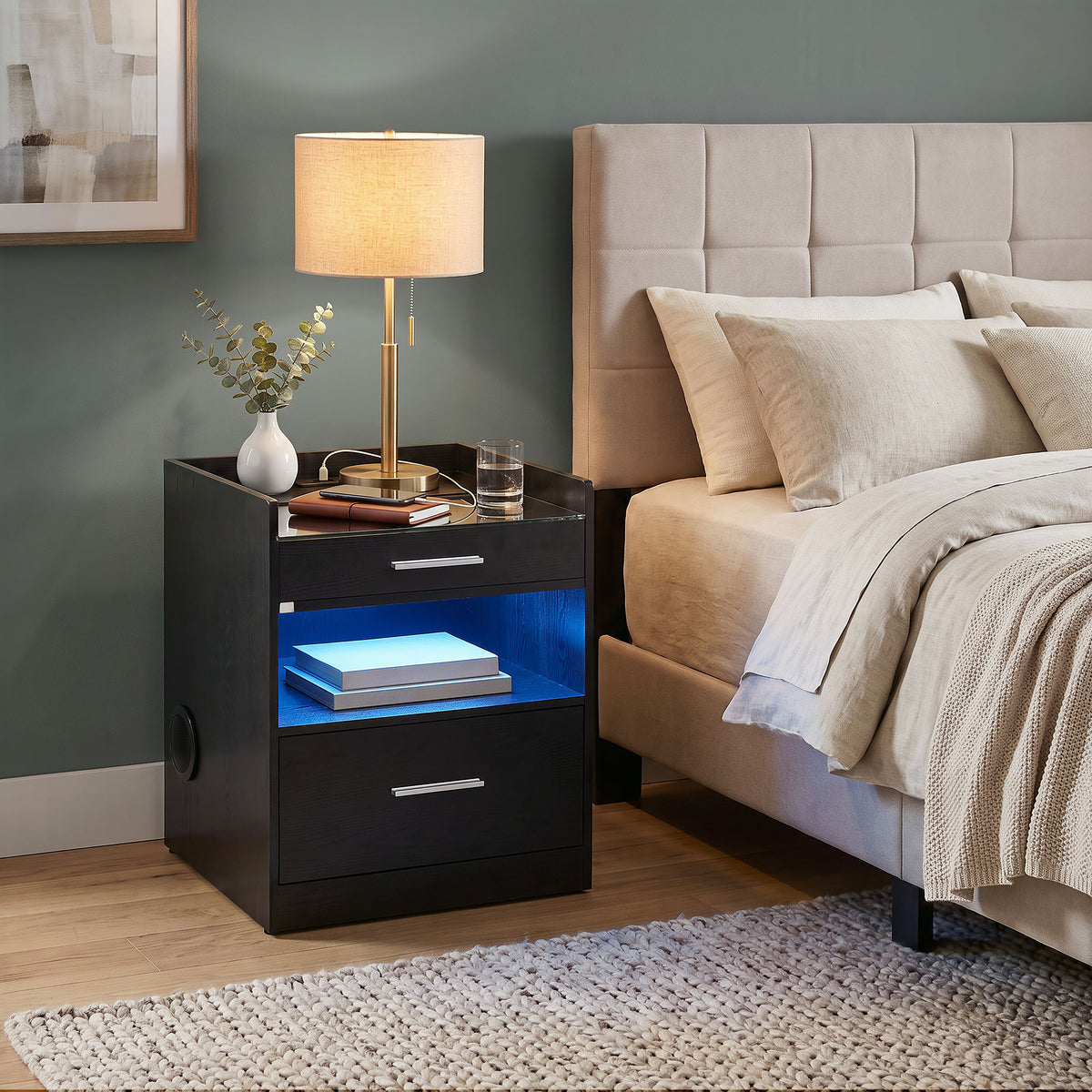 Furda 2-drawer LED Nightstand Bedside Table with Speaker - Black