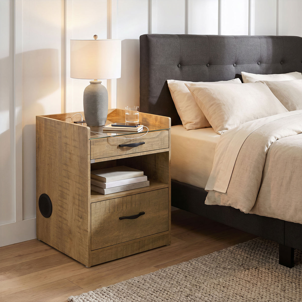 Furda 2-drawer LED Nightstand Bedside Table with Speaker - Mango