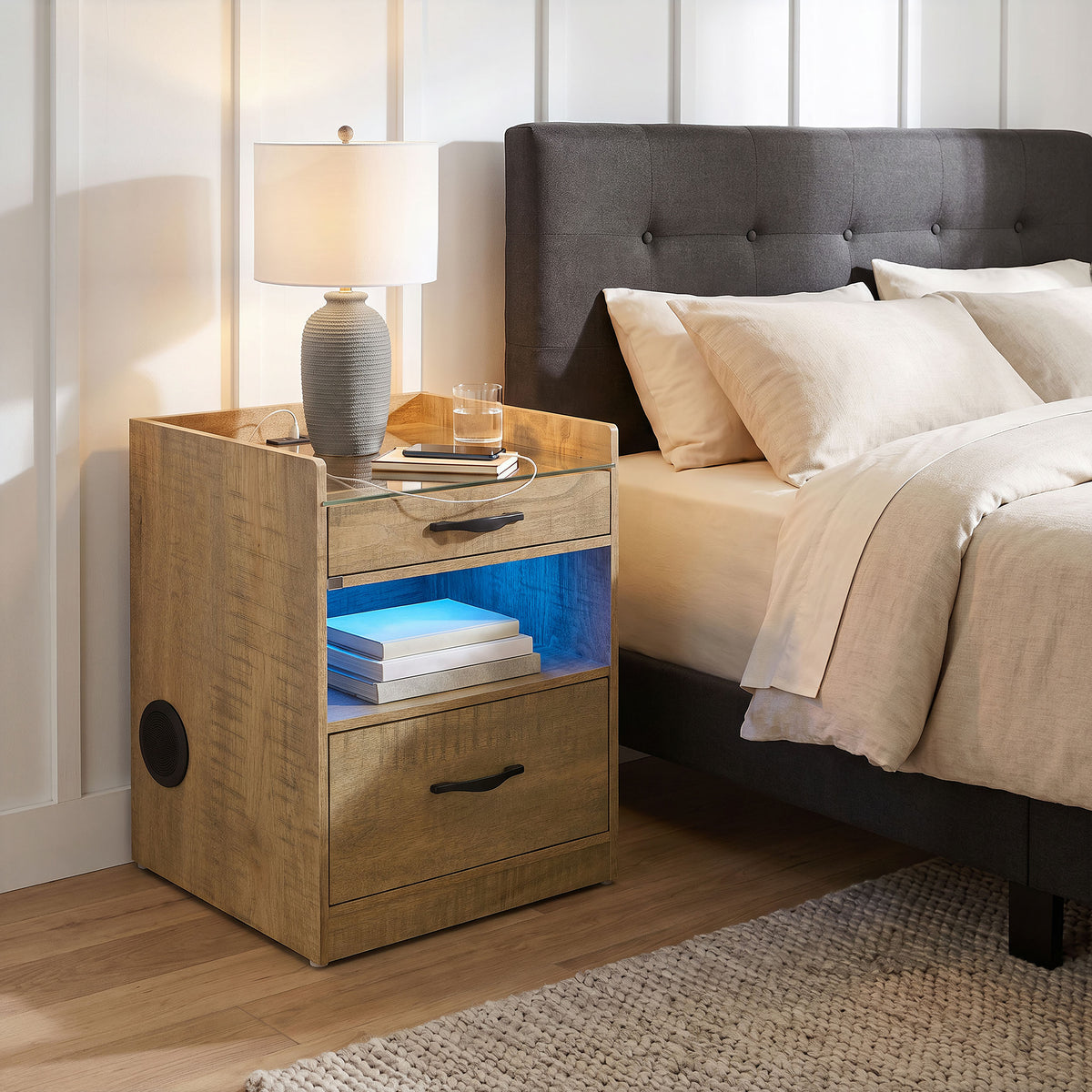 Furda 2-drawer LED Nightstand Bedside Table with Speaker - Mango