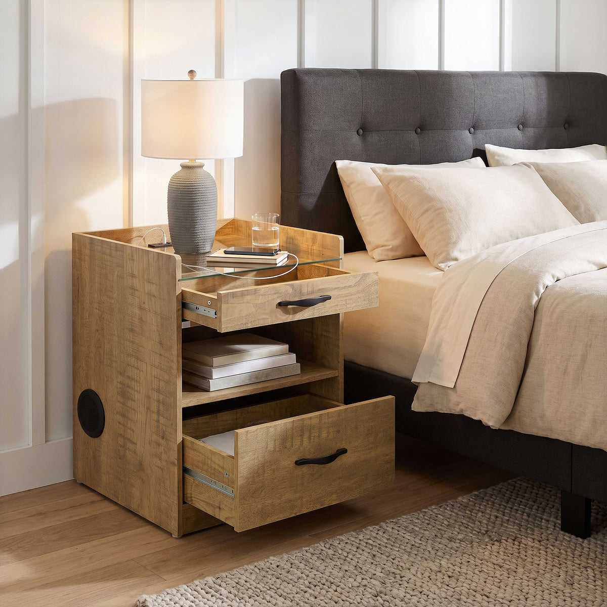 Furda 2-drawer LED Nightstand Bedside Table with Speaker - Mango