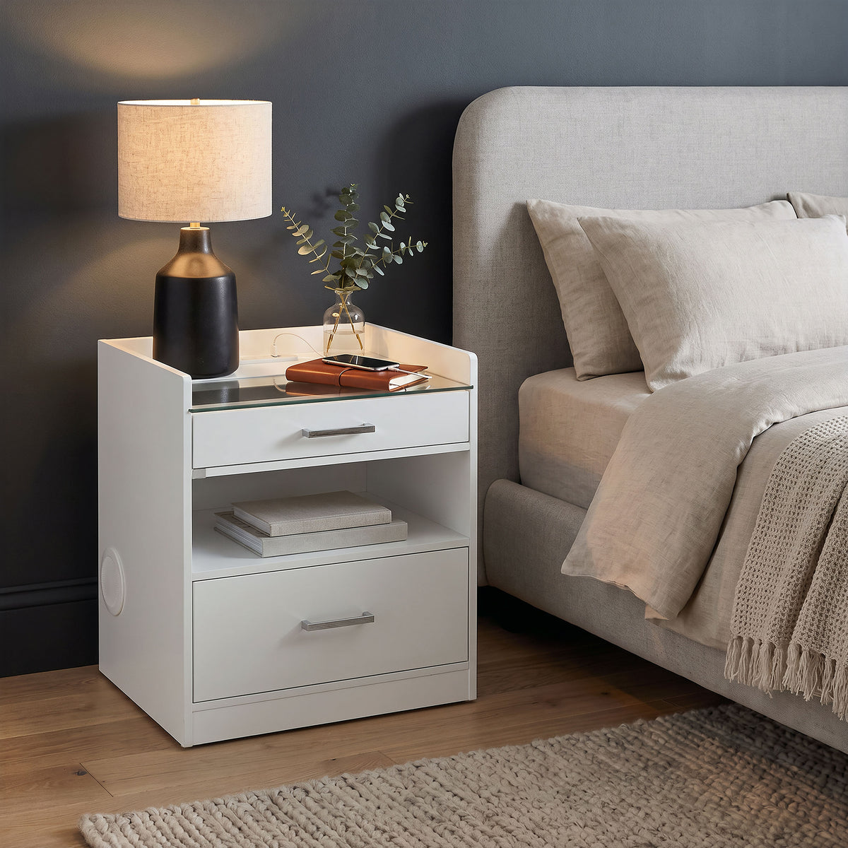 Furda 2-drawer LED Nightstand Bedside Table with Speaker - White
