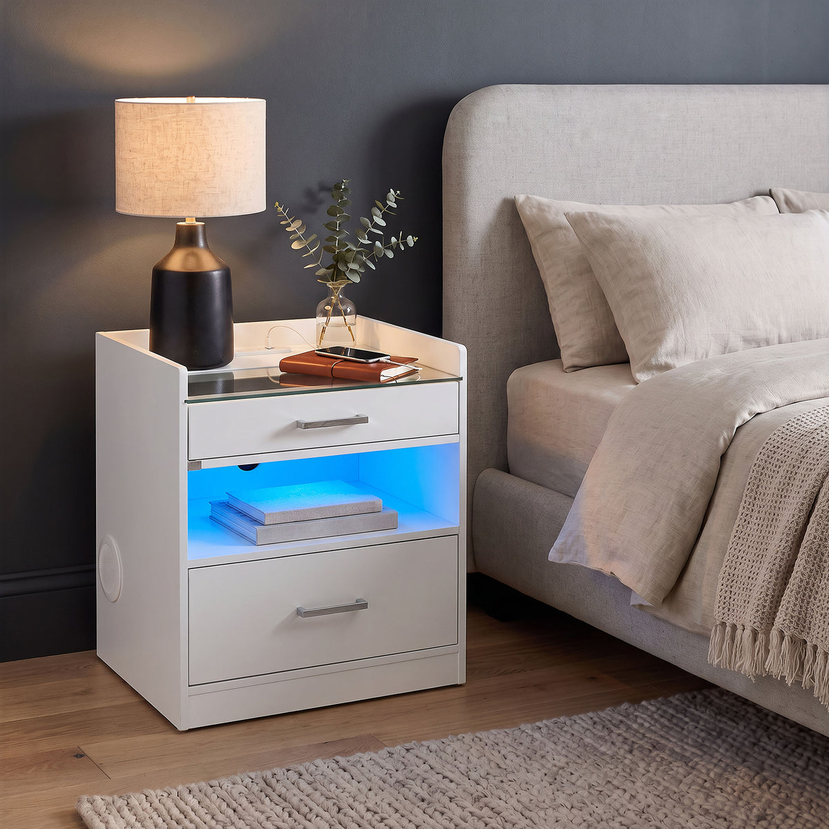 Furda 2-drawer LED Nightstand Bedside Table with Speaker - White