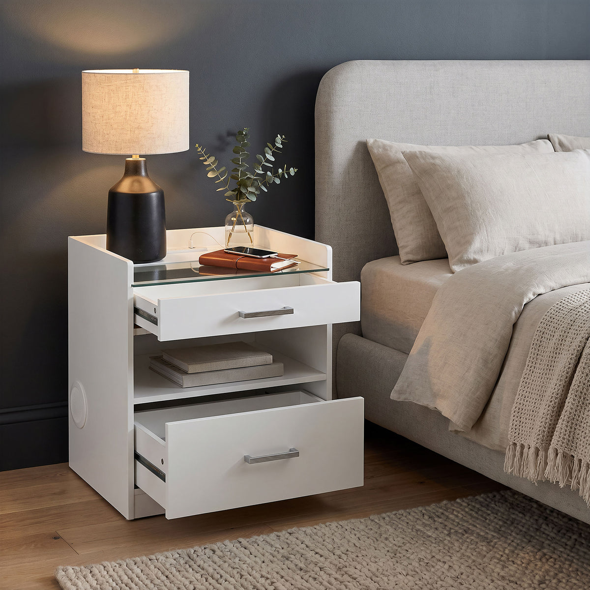 Furda 2-drawer LED Nightstand Bedside Table with Speaker - White