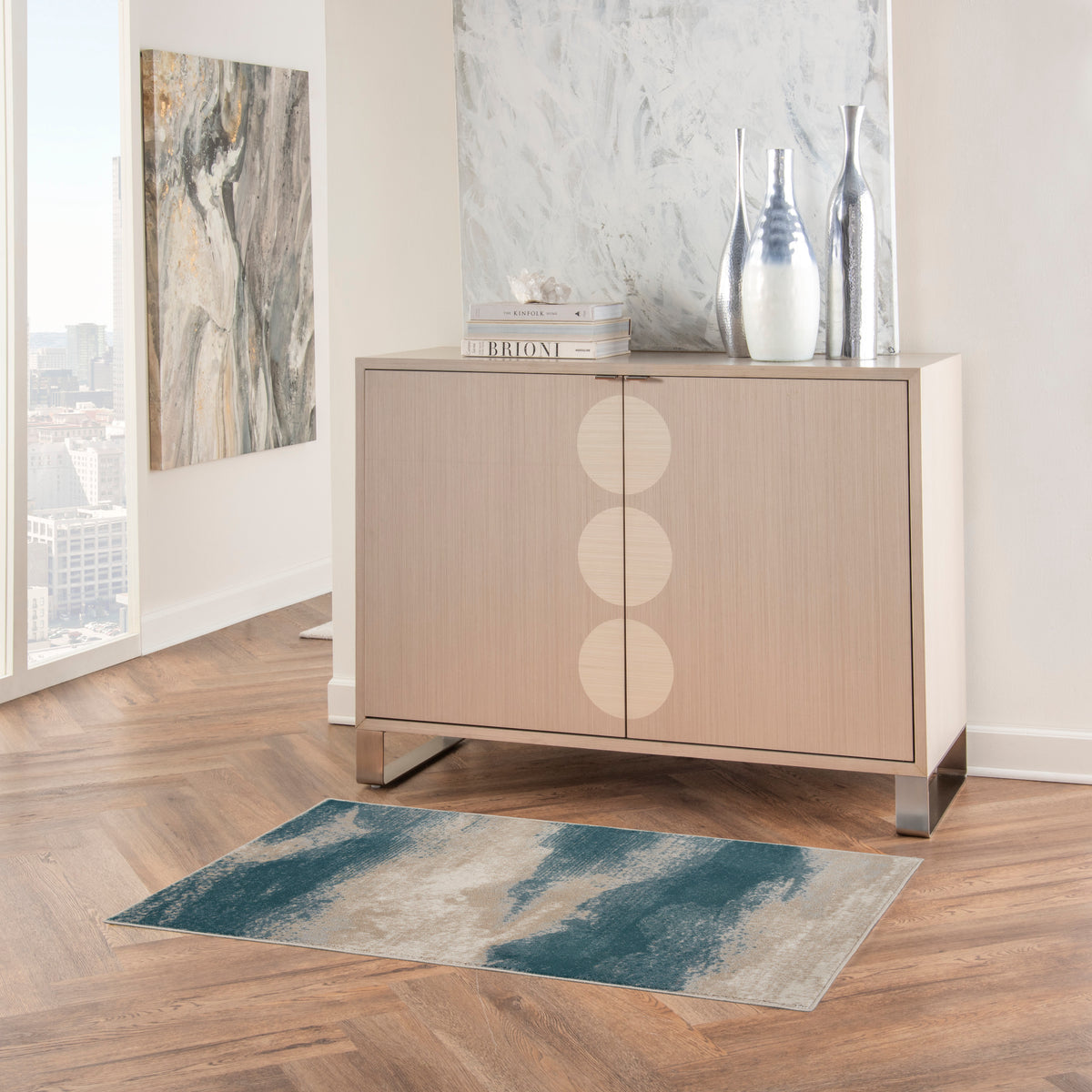 Maxell MAE06 Ivory Teal Rug - room scene