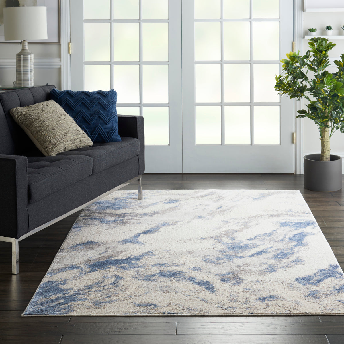 Silky Textures SLY03 Blue Ivory Grey Rug - room scene