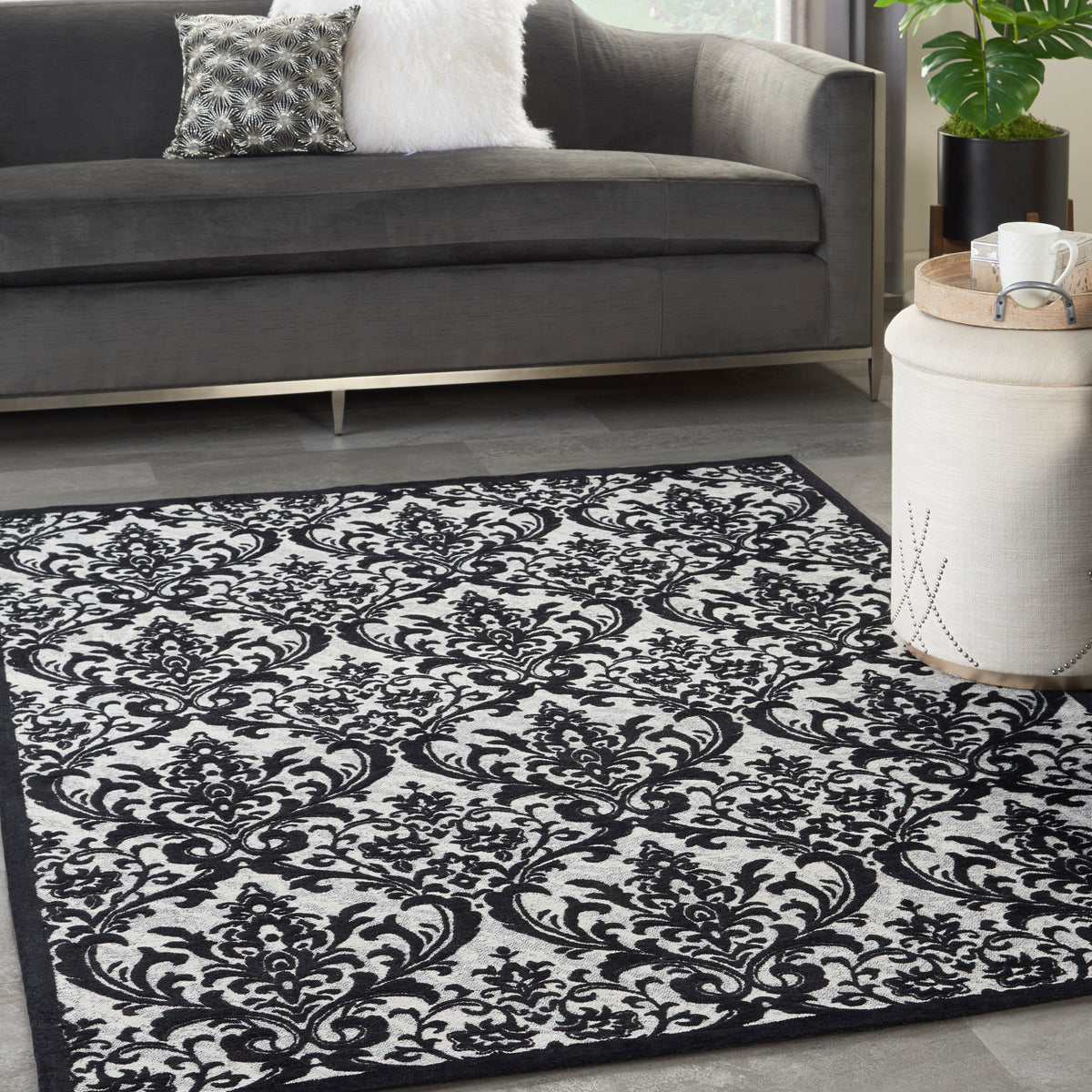 Damask DAS02 Black White Rug - room scene