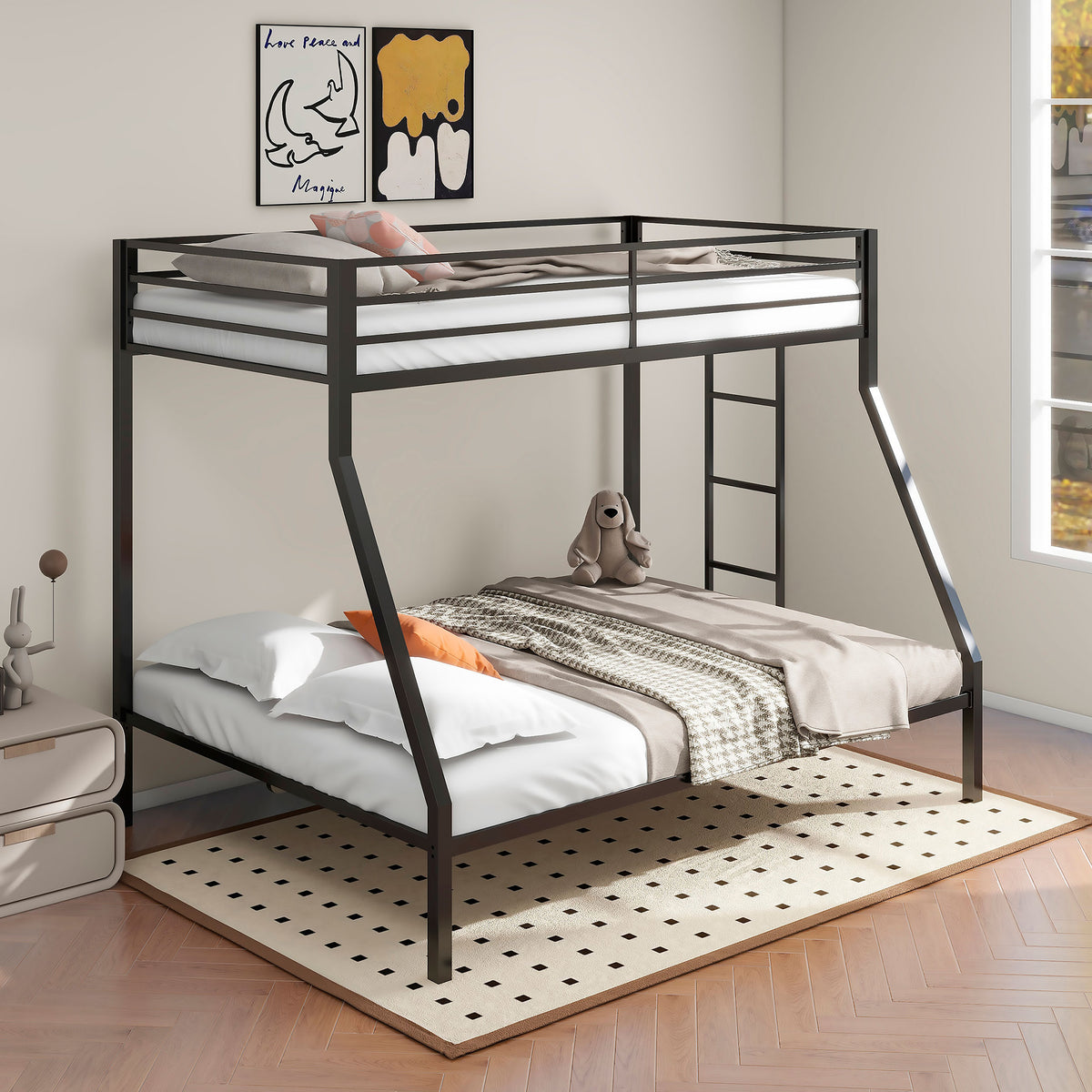 Alevera Twin-Over-Full Steel Bunk Bed with Ladder Matte - Black
