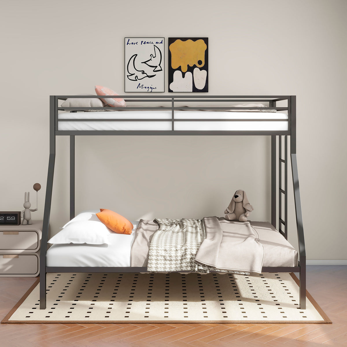Alevera Twin-Over-Full Steel Bunk Bed with Ladder Matte - Black